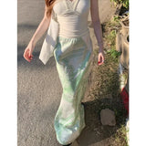 KYLETHOMASW  -  American Floral Print Casual Green A-line Skirt Women 2025 Summer New High Waist Fashion All Match Patchwork Mid-length Skirt
