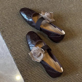KYLETHOMASW  -  Women's Brown Leather Mary Jane Flats Square Toe Elastic Strap Flower Decoration  Casual Shoes Stylish Spring/Summer Footwear