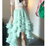 KYLETHOMASW  -  Spring Summer Asymmetric Mesh Skirt Kawai Sweet Tulle Gown Ball Women Elastic Waist Ruffles Long Skirts Mujer Faldas Jupe 760A