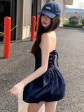 KYLETHOMASW  -  Y2K Dark Blue Denim Mini Dress Summer Women Sexy Halter Backless Corset Flared Short Vestidos Dating Party Clubwear Daily Casual