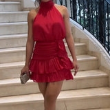 Kylethomasw Women Sexy O-neck Slim Draped Party Dress 2024 Spring Elegant High Waist Ruffle Mini Dress Summer Sleeveless Solid Bodycon Dress