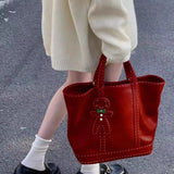KYLETHOMASW  -  Red Stitching Tote Bag Women Leather Large Capacity Cute Handbag Purse Ladies Vintage Fashion Commute Shoulder Bags