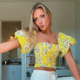 KYLETHOMASW  -  Trendy Yellow Floral Print Puff Sleeve Corset Top Cute Square Neck Ruched Crop Top Summer Vacation Outfit Women's Clothing