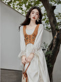 KYLETHOMASW  -  Palace Style Retro Set Women Brown Embroidered Vest+Irregular Drawstring Fashion Square Neck Elegant Dress High Quality Set Fall