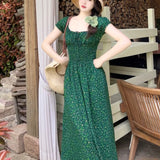 KYLETHOMASW  -  Green Floral Print Long Dresses Spring Summer French Style Vintage Women Dress Elegant Fashion Spring Summer Vestidos Mujer