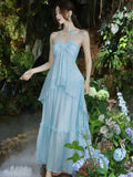 KYLETHOMASW  -  Korea Sweet Fairycore Halter Long Dress Elegant Chic Ruffles Birthday Party Dress Summer Casual A-line Vestidos Female New Robe