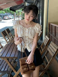 KYLETHOMASW  -  Shirts for Women Summer High-end Designed French Sweet Style Embroidered Lace Three-dimensional Flower Short-sleeved Shirt Top