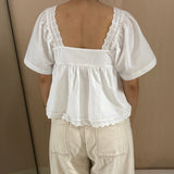 KYLETHOMASW  -  Y2K Aesthetic Fairy Blouse Chic Women's Summer Lace Trim Tops Short Sleeve Square Neck Button Up Babydoll shirt Streetwear
