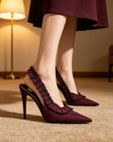KYLETHOMASW  -  Women's Satin Ruffled Slingback Pumps Pointed‑Toe Pleated Stiletto High Heels Backless Slim Fit Elegant Dress Shoes luxury