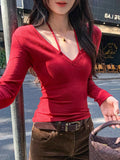 KYLETHOMASW  -  Y2k Sexy Slim Solid V Neck Long Sleeve Lace-up All Match Women's T-shirts
