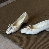 KYLETHOMASW  -  Women Square Bow Decorative Flat Shoes Leather Pleated Shallow Mouth Loafers Shoes Outdoor Comfortable Women Shoes Fashionable
