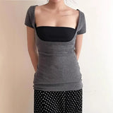 KYLETHOMASW  -  Fake two square neckline slimming short sleeved T-shirt with spicy girl temperament, backless and waist cinching bottom top