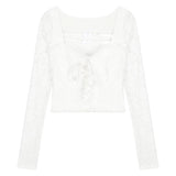 Kylethomasw   Spring for Women Crop Tops Korean Style Retro Lace Shirt Long-sleeved Lace Up White Tee Shirt