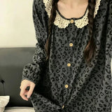 KYLETHOMASW  -  Leopard Print Women 2Pcs Home Outfit,Autumn Winter Lace Ruffle Crew Neck Long Sleeve Sleepwear Soft Casual Ladies Loungewear