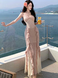 KYLETHOMASW  -  Summer French Style Long Dresses for Women Sexy Spaghetti Strap Ruffles Birthday Party Dress Female Holiday Beach Vestidos Robe
