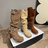 KYLETHOMASW  -  New Fold Women's Vintage Brown Metal Belt Buckle Western Cowboy Boots Square High Heel Long Boots Fashion Knight Boots 2025