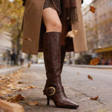 KYLETHOMASW  -  Fashion Style New Women Knee Stilettos Boots Sexy Boots Pointed Toe Party Shoes Ankle Big Buckle Strap Zipper Party