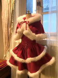 KYLETHOMASW  -  Winter Christmas Sweet 2 Piece Set Women Design Faux Fur Cape Coat + Short Party Dresses Japanese Fashion Elegant Kawaii Outfits