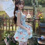 KYLETHOMASW  -  2024 Summer New Style Sweet French Dress Women's Oil Painting Smudged Floral Party Dresses Casual Lace Halter Neck Short Dresses