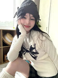 Kylethomasw White Bow Graphic Sweater Women Half High Collar Kawaii Long Sleeve Knitwear Skinny Y2k Aesthetics Autumn Winter Clothes
