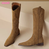 Kylethomasw   -  Women's Natural Suede Leather Square Toe Side Zip Autumn Knee High Western Boots Casual Female Long Boots Shoes Women