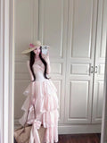 KYLETHOMASW  -  French Sweet Kawaii Pink Polka Dot Lace Bow Tiered Cami Maxi Dress For Women Girls High Waist Princess Vacation Party Daily Wear