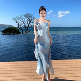 KYLETHOMASW  -  Elegant French Seaside Vacation Dresses Premium Swing Neck Double Layer Split Suspender Engagement Dress Vestido