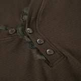 KYLETHOMASW  -  American style basic lace half open collar button chest revealing base top brown ribbed simple slim fit versatile T-shirt