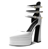 KYLETHOMASW  -  Red Black Patent Leather Pointed-Toe Platform Pumps Multi-Strap Design Gold Buckles Chunky Block Heel Elegant Looks for Women