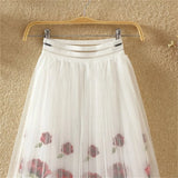 KYLETHOMASW  -  Fashion Ladies Elastic High Waist Mid-Long A-Line Pleated Skirts 2024 New Summer Women Rose Floral Embroidery Mesh Skirt