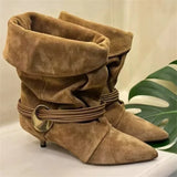 KYLETHOMASW  -  Metal Embellished Nubuck Ankle Boots Women Elegant Kitten-heel Modern Boots Warm Sexy Pointed Toe Western Cowboy Boots Brown