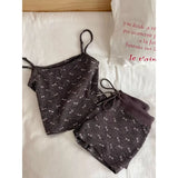 KYLETHOMASW  -  2Cute Bow Print Ribbed Loungewear Set Women Adjustable Thin Strap Tank Top Elastic Short Pants Daily Nightwear