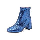 Kylethomasw Big Size 48 49 50 Gold Silver Blue Sequined Cloth Glitter Winter Shoes Women's Chunky High Heels Bling Party Ankle Chelsea Boots