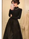 KYLETHOMASW  -  Elegant Solid Dress Women Patchwork Half High Collar Long Sleeve Autumn Winter Female Evening Party Prom Robe Vestidos Mujer New