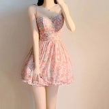 KYLETHOMASW  -  Sweet New Pink Sexy Dress Sweet Fresh Style Fragmented Flowers Print Waist Wrapped Slim Student Summer Short Lovely