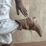 KYLETHOMASW  -  Autumn Winter Faux Suede Weave Lace-up Women Motorcycle Boots Fashion High heels Chelsea Western Mid-Calf Short Booties Shoes