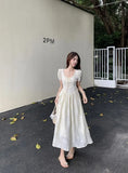 KYLETHOMASW  -  Women Summer Vintage Sweet Chic High Waist Elegant Party Dresses Fairy Solid Short Sleeve Slim Lace-up Beach Maxi Dress Vestidos