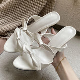 KYLETHOMASW  -  Fashion Women Pink Bow Knot High Heel Mules Open Toe Patent Leather Slip On Sandals Thin Heel Summer Party Dress Shoes