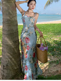 KYLETHOMASW  -  French Style Floral Print Womens Dresses Elegant Spaghetti Strap Bodycon Party Long Dress Summer Holiday Beach Vestidos Robe New