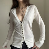 KYLETHOMASW  -  T Shirts Women Long Sleeve V Neck Slim Single Breasted Solid Outwear Tops Female Y2k Fashion Tee Shirt Autumn Casual