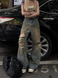 KYLETHOMASW  -  American Street Tie-dye Hole Denim Pants Summer Vintage Washed Jeans for Women 2025 New High Waist Loose Wide Leg Pants