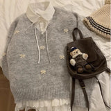 KYLETHOMASW  -  Sweet Hot Girl Grey Bow Embroidered Sweater Women's Autumn Loose Thickened Knitted Pullover Fashion Female Clothes