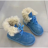 KYLETHOMASW  -  Women Blue Platform Snow Boots Faux Suede Curly Fur Lined Winter Lace Up Ankle Boots Thick Sole Warm Non Slip Fashion Boots