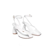KYLETHOMASW  -  Women's Leather Sandals Square Toe Ankle Strap Chunky Heel Elegant Party Evening Shoes Fashionable Summer Footwear