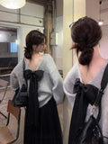 KYLETHOMASW  -  Lazy Halter Bow Round Neck Sweater Female Sueter Mujer Autumn Vintage Long-sleeved Pullovers Loose Thin Gentle Gray Top