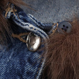 KYLETHOMASW  -  Dark Wash Denim Jacket with Removable Faux Fur Collar Women Cropped Long Sleeve Casual Y2K Korean Fashion Cowboy Coat