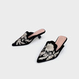 KYLETHOMASW  -  Embroidery Velour Shoes Woman Strange Heel Slippers Design Mules Femme Pointed Toe Wedges Tacones Slides Slip On Pantuflas Mujer