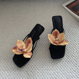 KYLETHOMASW  -  New Fashion Flower Women Thin Heels Pumps Slides Shoes Female Flip flops Square Toe Ladies Heeled Sandals Shoes Big Size 43