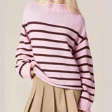 KYLETHOMASW  -  Fall/Winter Ladies Striped Warm Knitted Pullover Elegant Long Sleeve Loose Pink Sweater
