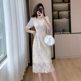 Kylethomasw Summer White Lace Hook Flower Hollow Midi Dress Women Fashion Chic Luxury Party Evening Dress 2024 Korean Vintage Festival Dress